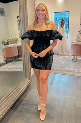 Black Homecoming Dress Mirror Off The Shoulder Tight Short Prom Dress